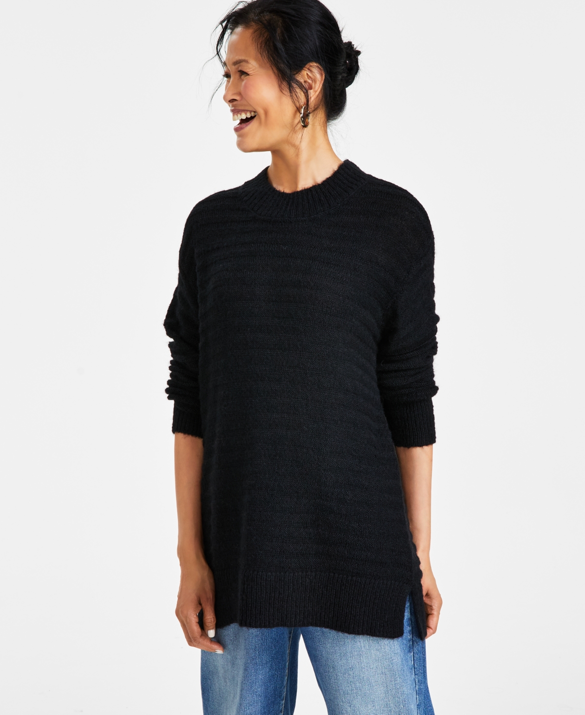 Style & Co Women's Textured Crewneck Tunic Sweater, Regular & Petite, Created For Macy's In Deep Black