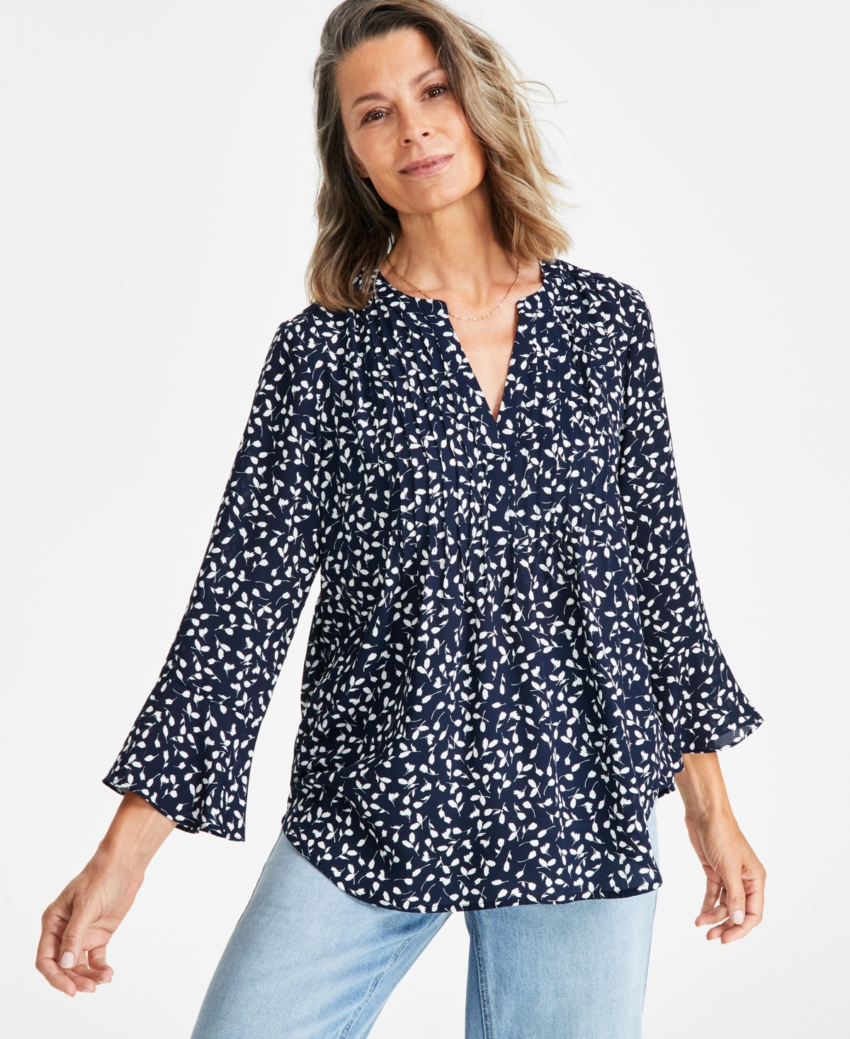 Style & Co Style Co Womens Printed Pintuck Ruffle Sleeve Top Xs Pxl Created For Macys In Navy Fauna