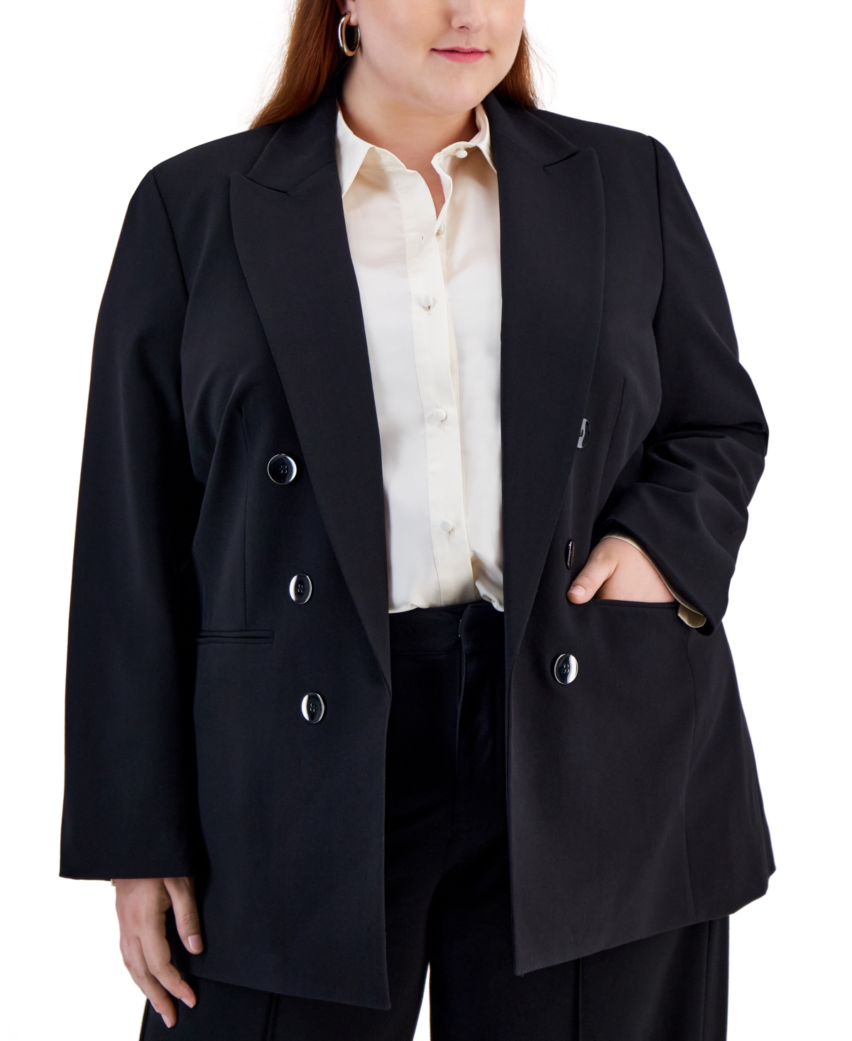 Bar Iii Plus Size Bi-stretch Faux-double-breasted Blazer, Created For Macy's In Black