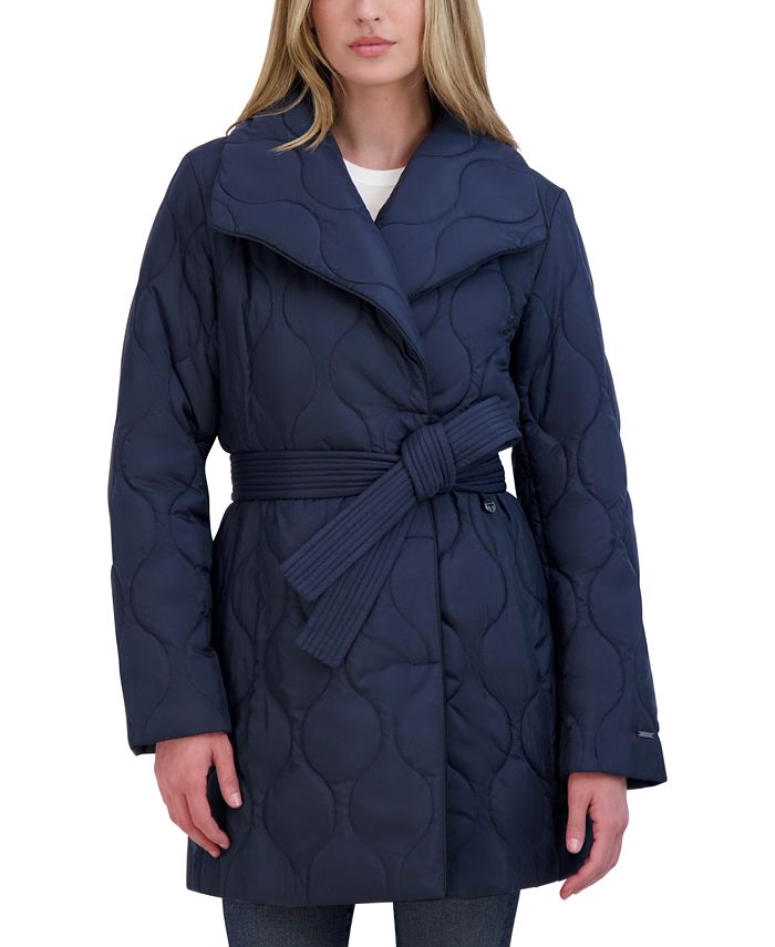 Tahari Women's Belted Asymmetrical Quilted Coat, Black, L