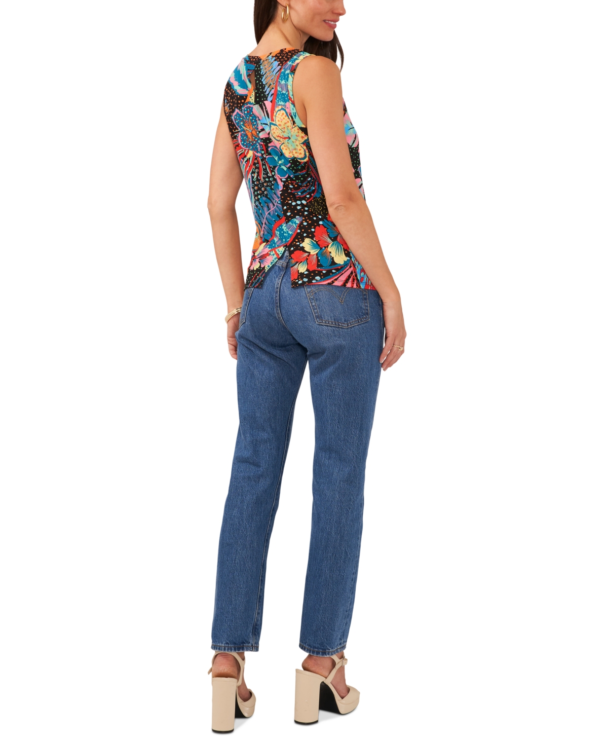 VINCE CAMUTO WOMEN'S PRINTED CREWNECK SPLIT BACK KEYHOLE TANK TOP 