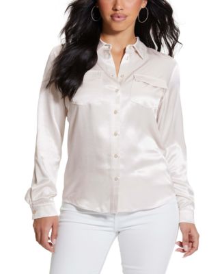 GUESS - Women's Linda Satin Long-Sleeve Button-Front Shirt