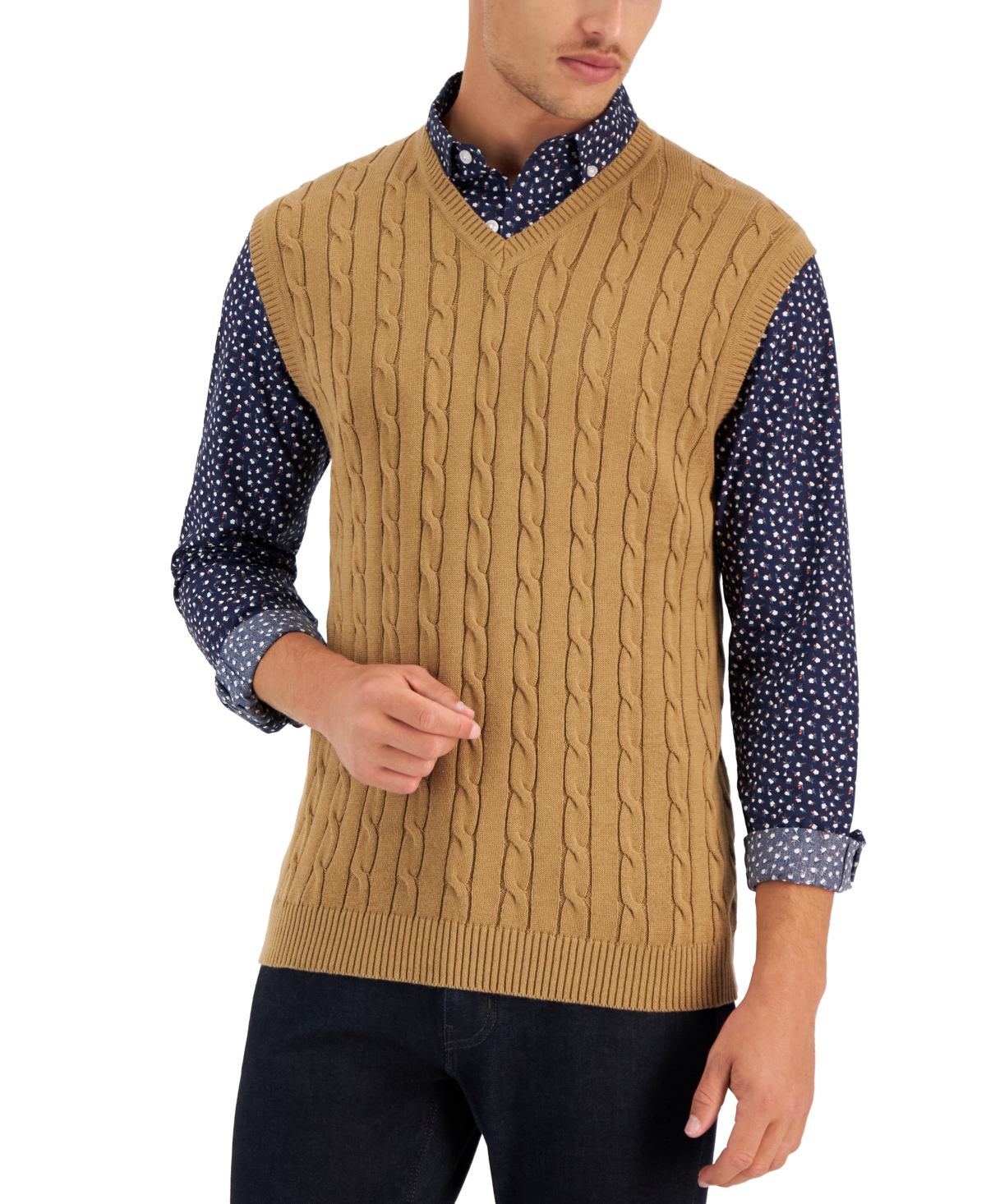 Men's Cable-Knit Cotton Sweater Vest, Created for Macy's - Navy Blue