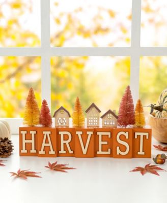 14" L Harvest Wooden House/Brush Trees Table Decor