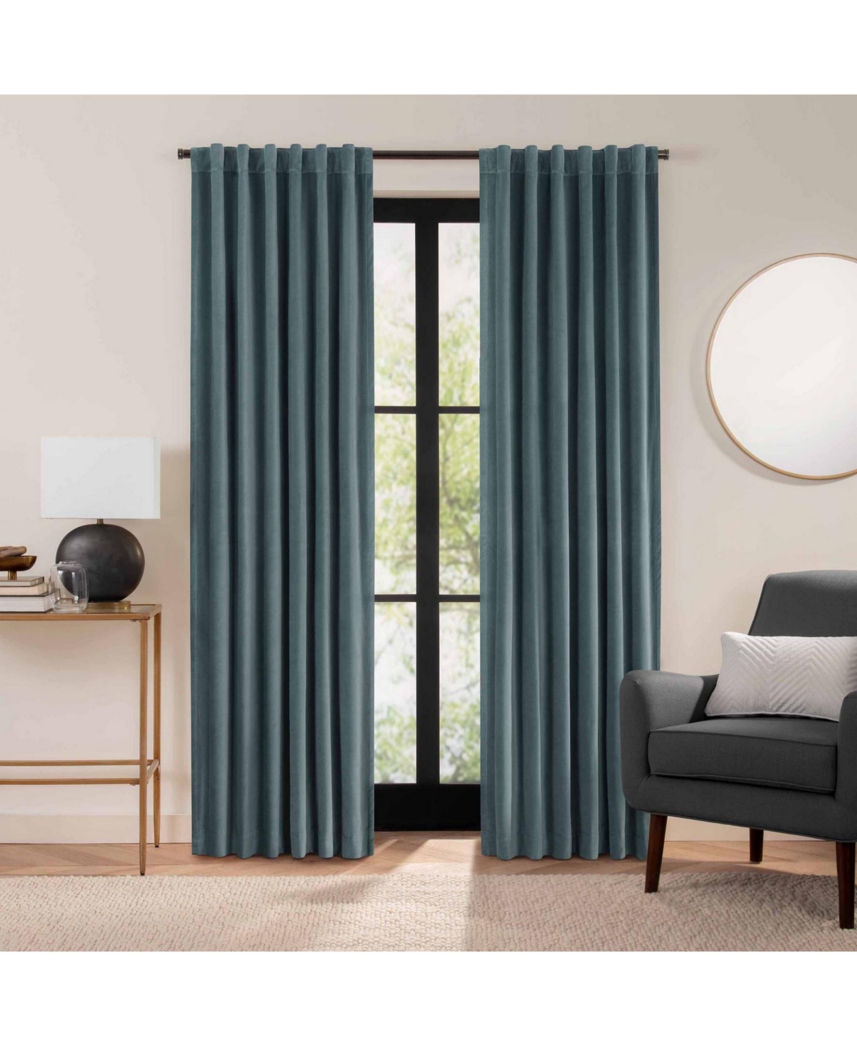 Eclipse Luxury Cotton Velvet 100% Blackout Rod Pocket Back Tab 1 Piece Curtain Panel, 84" X 50" In Mineral Blue