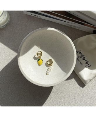 18k Gold Plated Huggies Freshwater Pearls with a Yellow and Green Lemon Charm  - Lemonade Earrings For Women