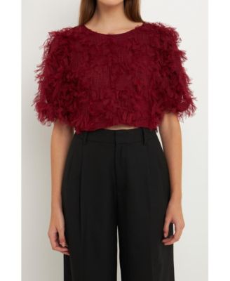 Women's Gridded Mesh Feathered Cropped Top