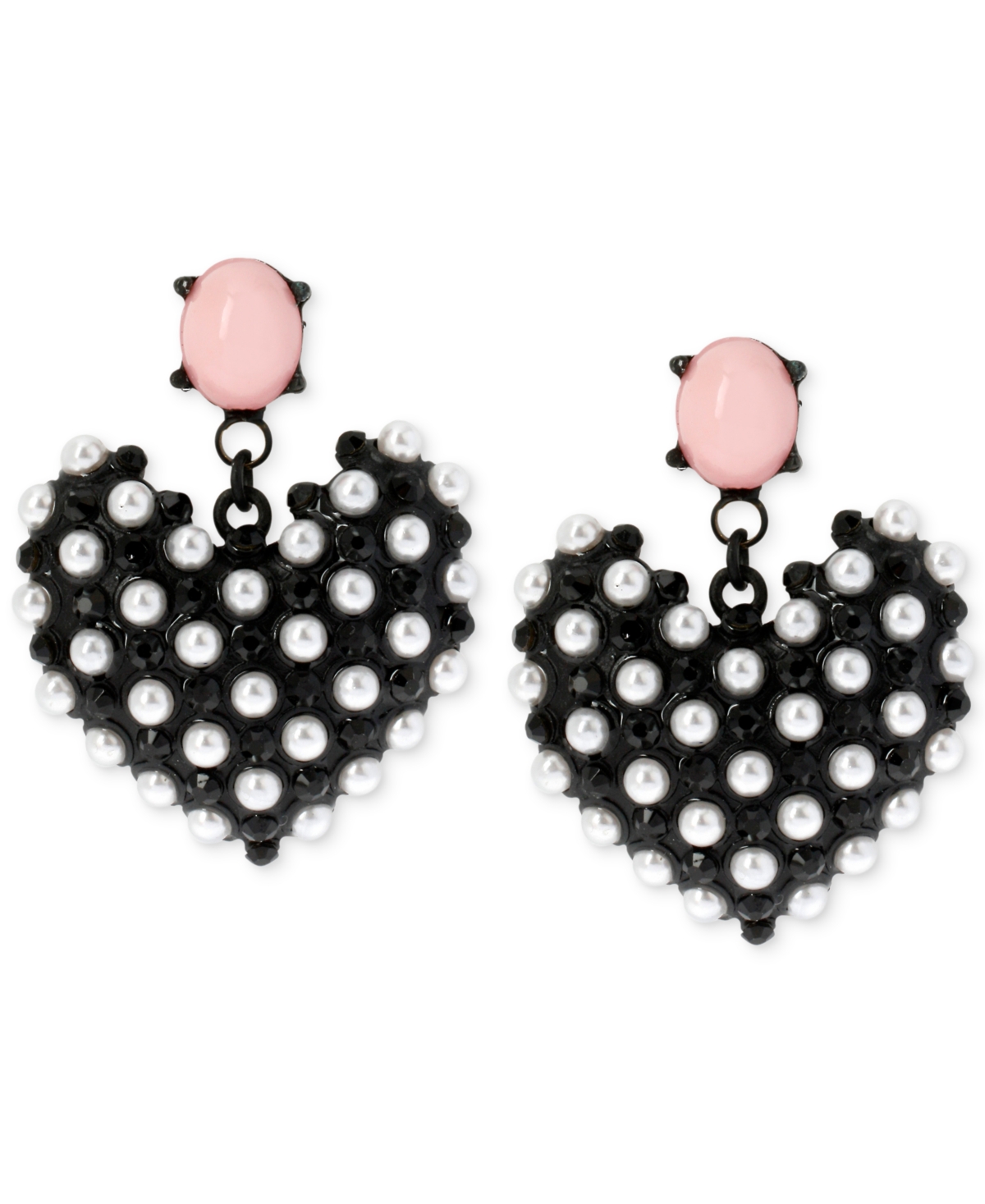 Black-Tone Imitation Pearl Heart Earrings - Black