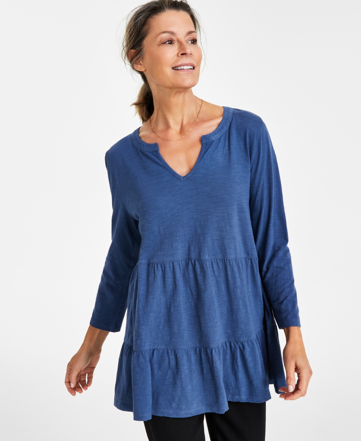 Style & Co Plus Size Cotton Split-neck Tiered Tunic, Created For Macy's In Uniform Blue