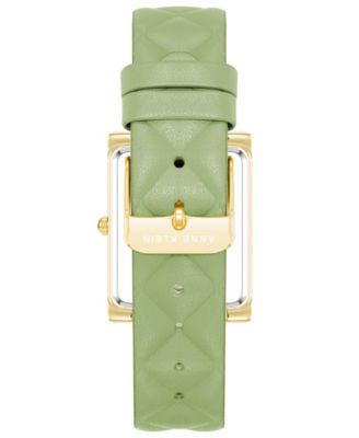 Women's Three Hand Quartz Rectangular Gold-Tone Alloy and Green Genuine Leather Strap Watch, 32mm