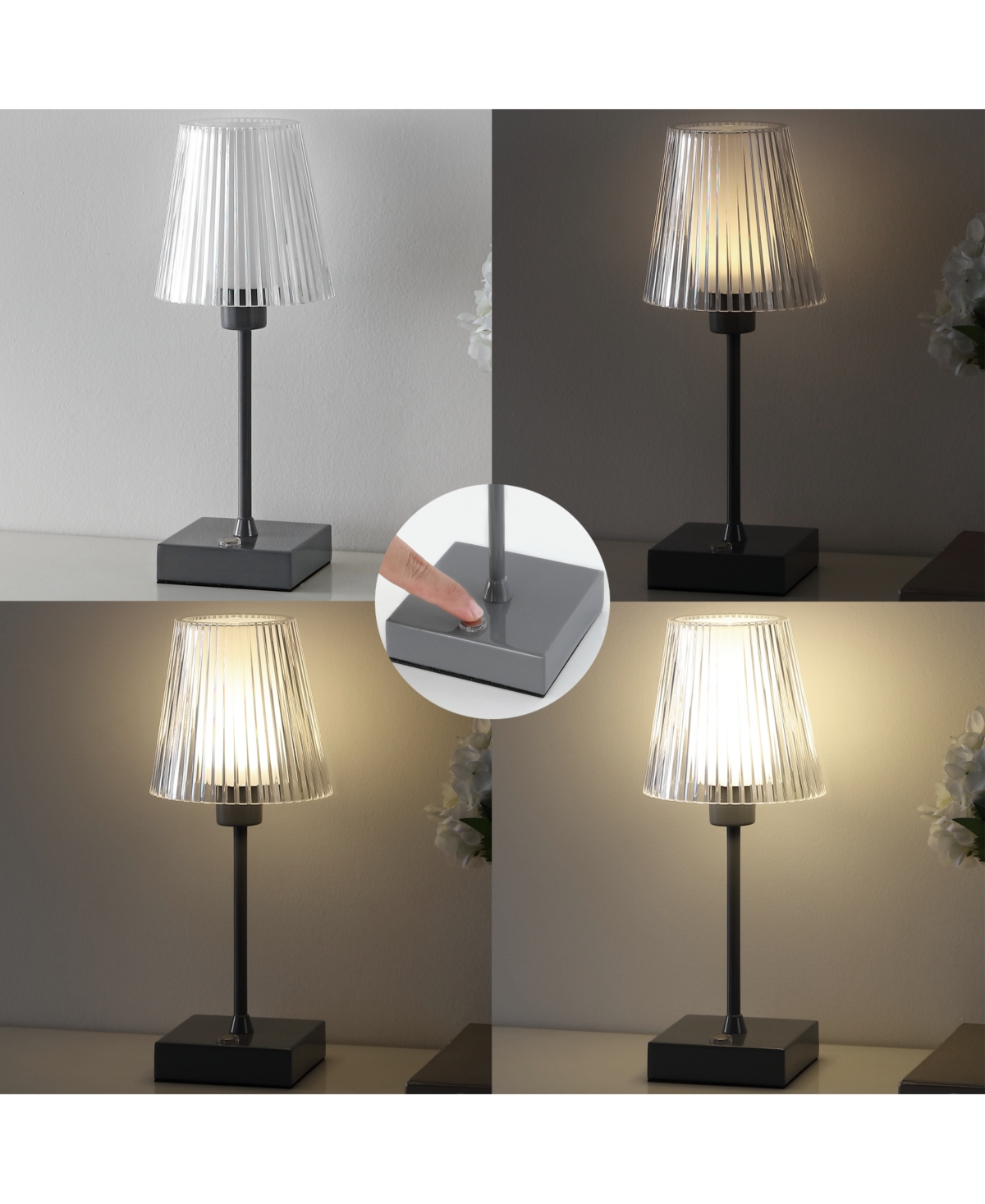 Oscar Modern Industrial Rechargeable, Cordless Iron, Acrylic Integrated Led Table Lamp with Ribbed Shade