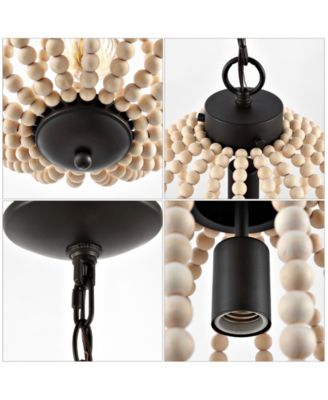 Abril 12.5" 1-Light Rustic Bohemian Iron, Wood Bead LED Pendant