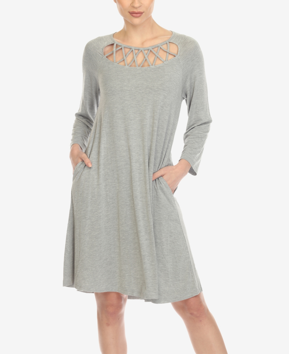 White Mark Women's Maternity Cross Neckline Swing 3/4 Sleeve Dress In Heather Gray