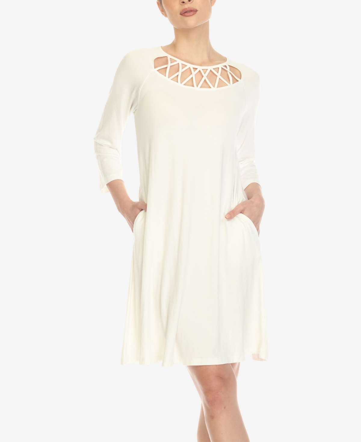 White Mark Women's Maternity Cross Neckline Swing 3/4 Sleeve Dress In White