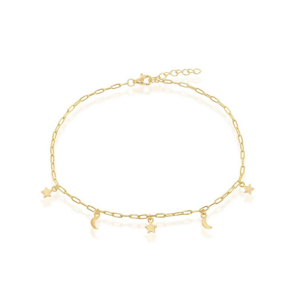 Sterling Silver Moon & Star Charms Paperclip Anklet - Gold Plated - Gold