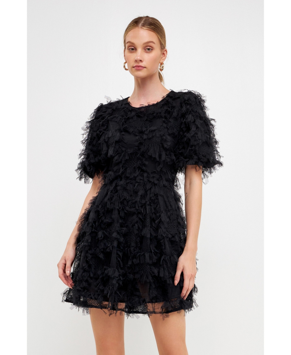 endless rose Women's Gridded Mesh Feathered Puff Sleeve Mini Dress
