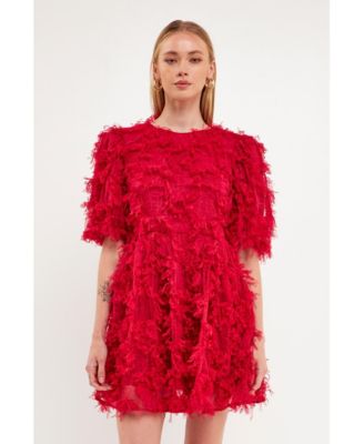 Women's Gridded Mesh Feathered Puff Sleeve Mini Dress