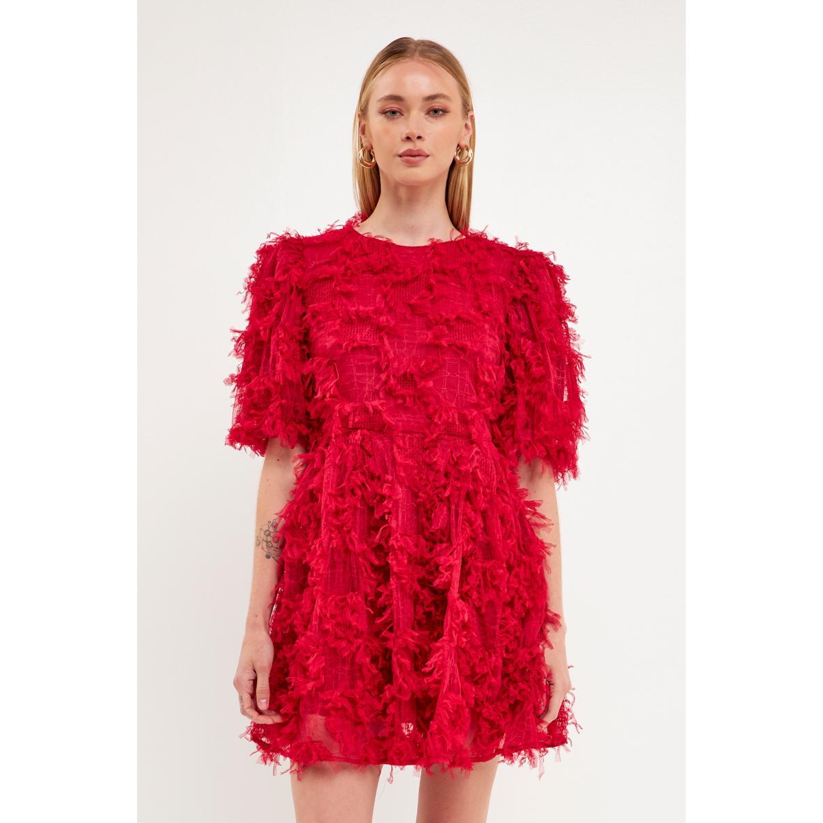 endless rose Women's Gridded Mesh Feathered Puff Sleeve Mini Dress