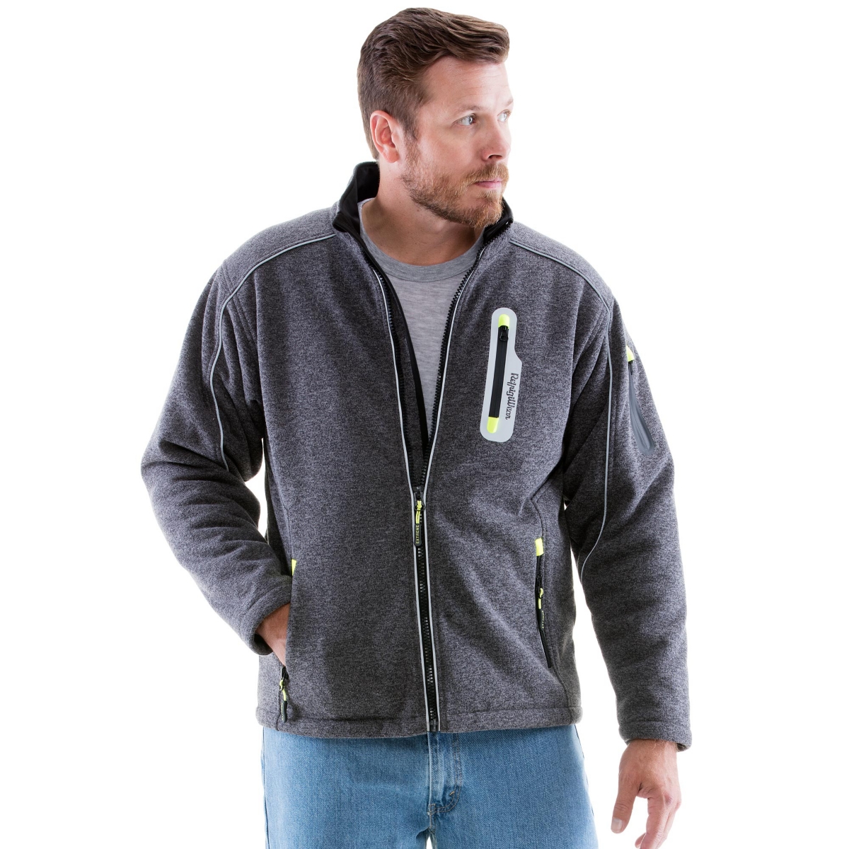 Big & Tall Warm Fleece Lined Extreme Sweater Jacket with Reflective Piping - Grey