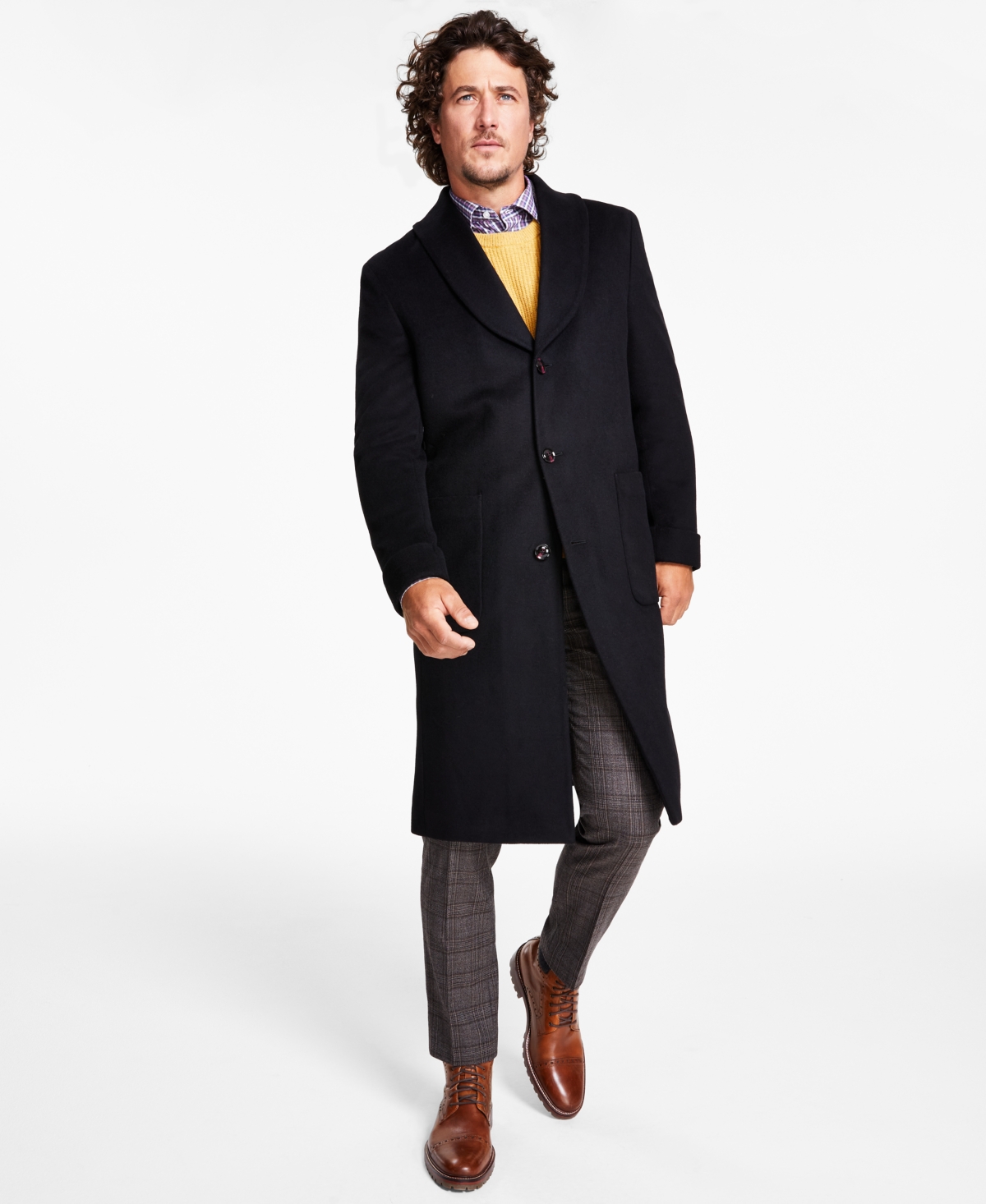 Tallia Men's Classic-fit Medium Weight Solid Wool Blend Overcoats In Black