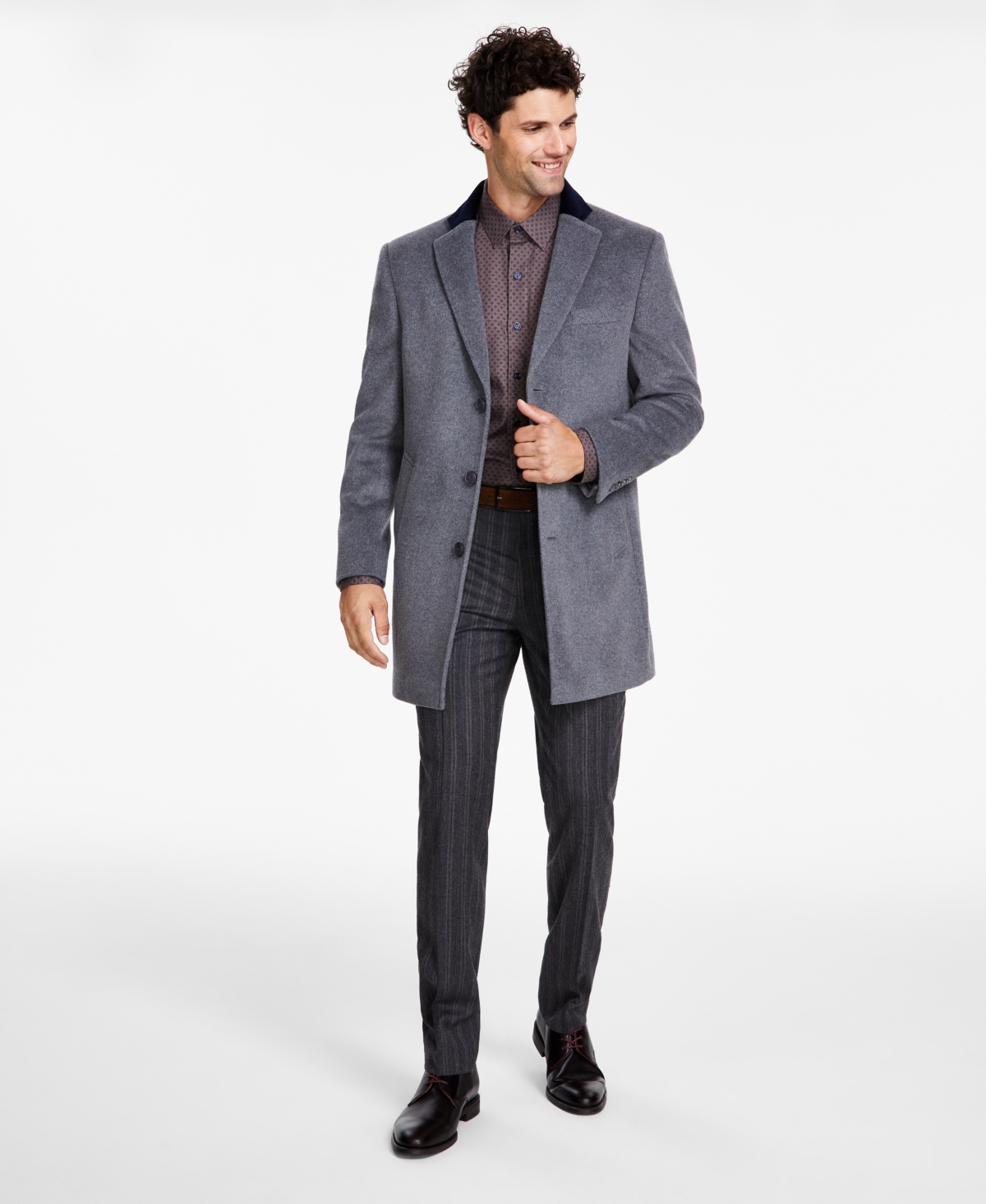 Tallia Men Wool Blend Overcoats With Contrast Velvet Top Collar In Grey