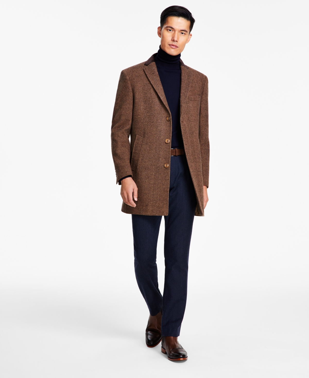 Tallia Men Wool Blend Overcoats With Contrast Velvet Top Collar In Brown Tan