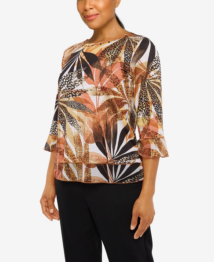 Alfred Dunner Petite Marrakech Skin Tropical 3/4 Sleeve Top - Macy's