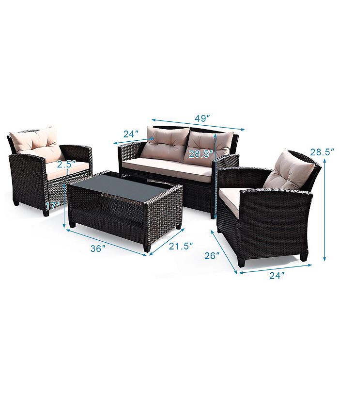 Costway 4PCS Outdoor Rattan Furniture Set Cushioned Sofa Armrest Table