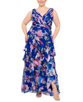 XSCAPE - Plus Size Tiered Floral-Print Chiffon Long Fit & Flare Dress
