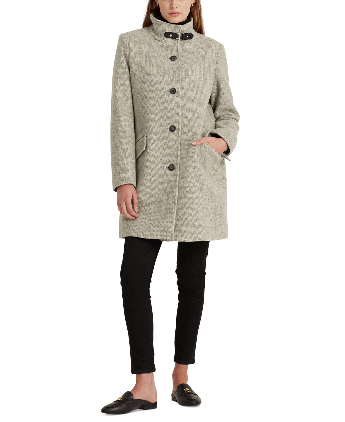 Lauren Ralph Lauren Women's Wool Blend Buckle-collar Coat In Light Grey Herringbone