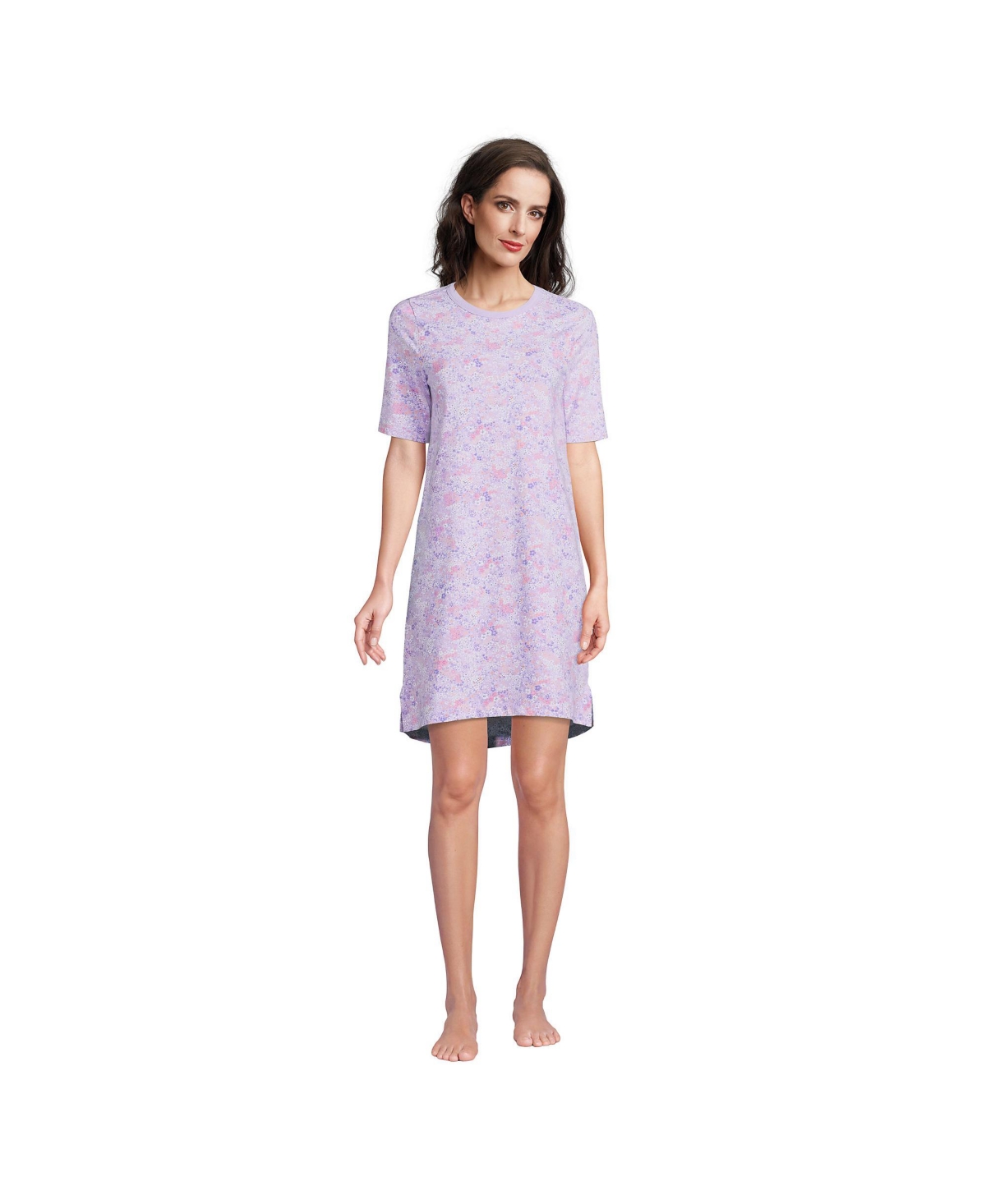 women's supima cotton short sleeve knee length nightgown dress Lands' End Plus Size In Lavender Cloud Ditsy Floral but the scoop neck
