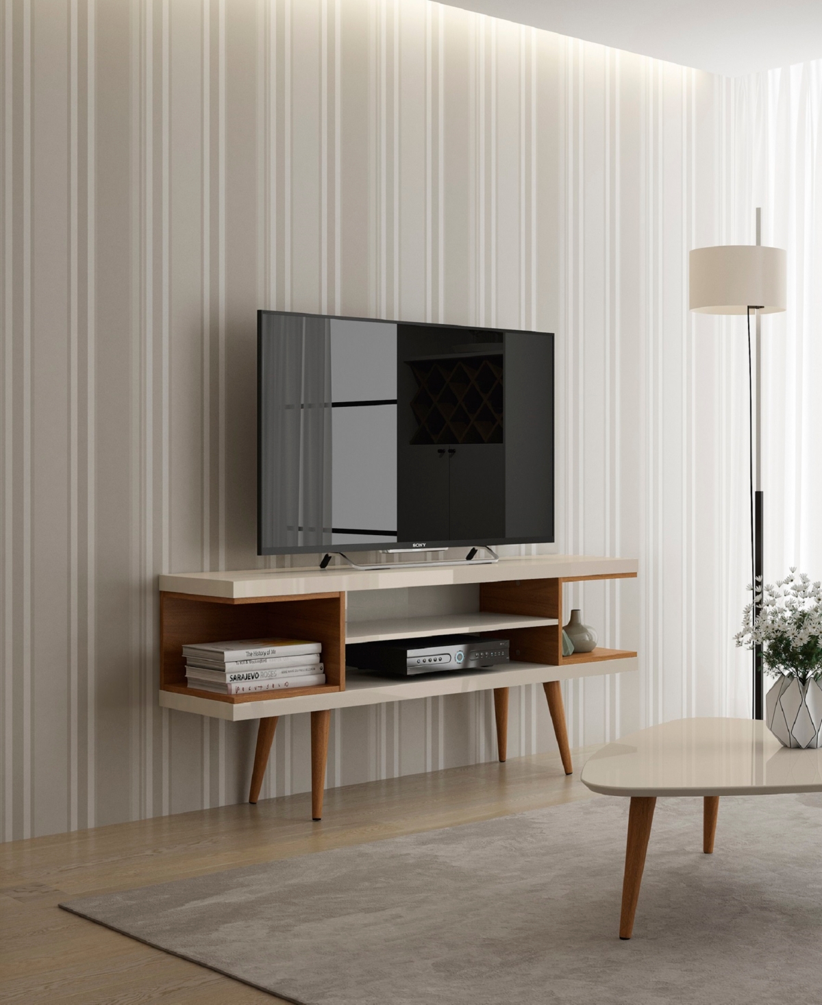 Manhattan Comfort Utopia Medium Density Fibreboard 4-Shelf Tv Stand - Off White and Maple Cream