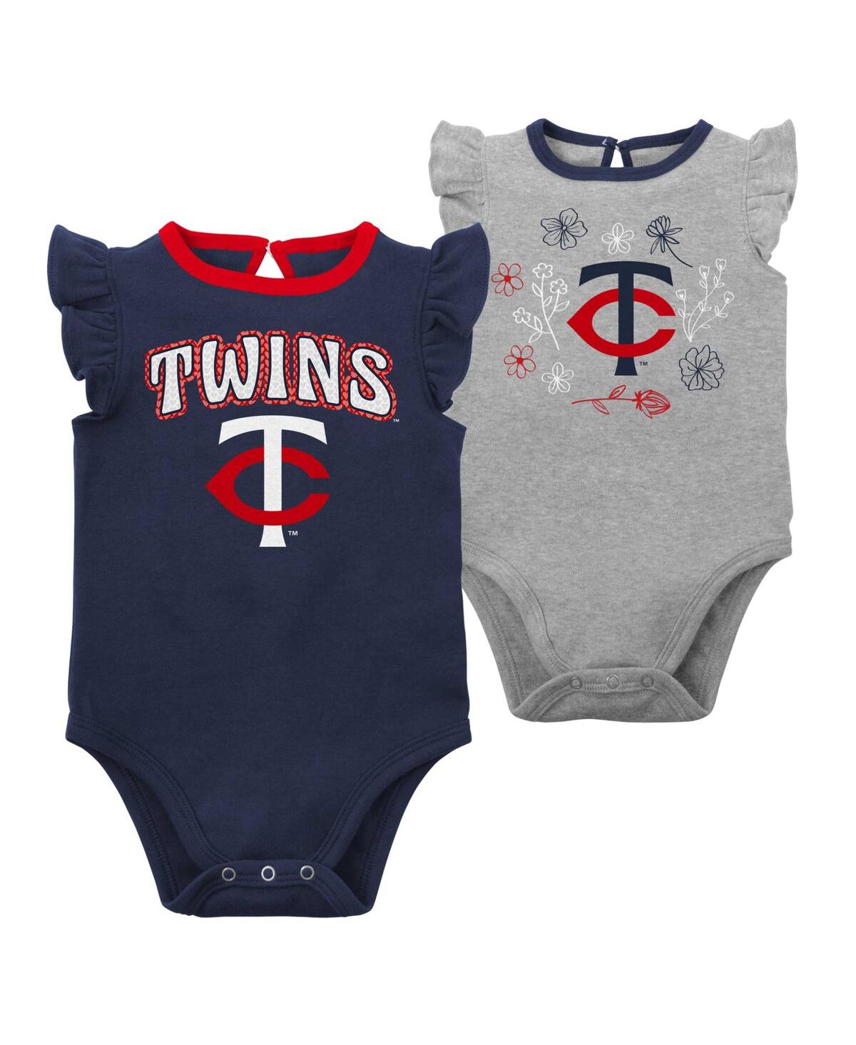 OUTERSTUFF NEWBORN AND INFANT BOYS AND GIRLS NAVY, HEATHER GRAY MINNESOTA TWINS LITTLE FAN TWO-PACK BODYSUIT SE