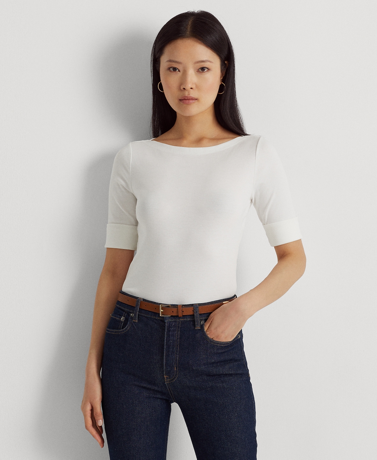 Shop Lauren Ralph Lauren Stretch Boatneck Top, Regular & Petite In White