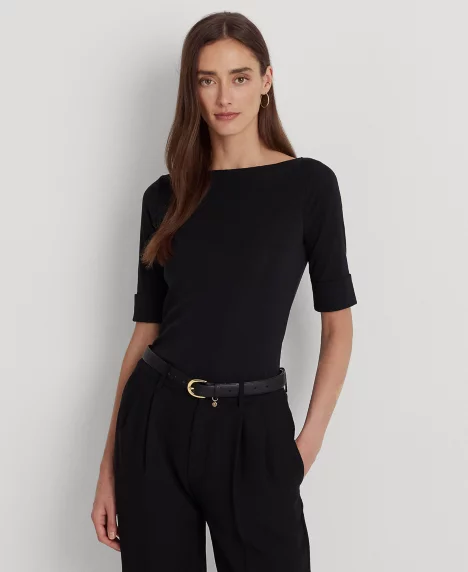 Petite Stretch Boatneck Top - Polo Black