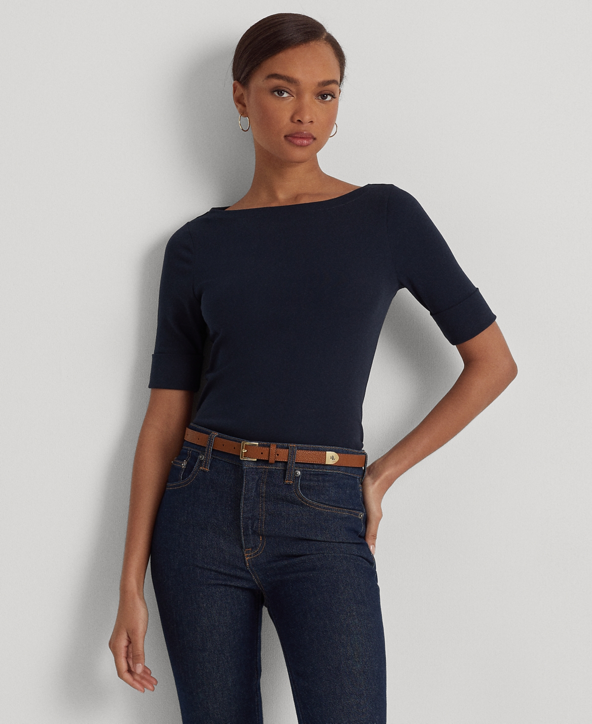 Ralph Lauren Stretch Cotton Boatneck Tee In Lauren Navy