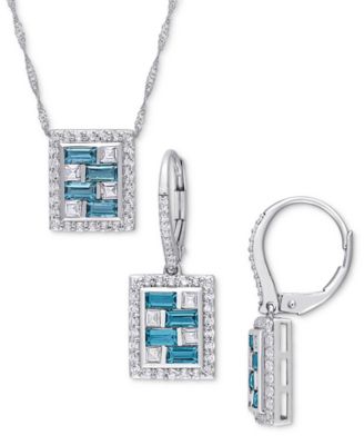 Macy's Blue Topaz White Topaz Checkerboard Earring Necklace Collection In Sterling Silver In Blue And White Topaz
