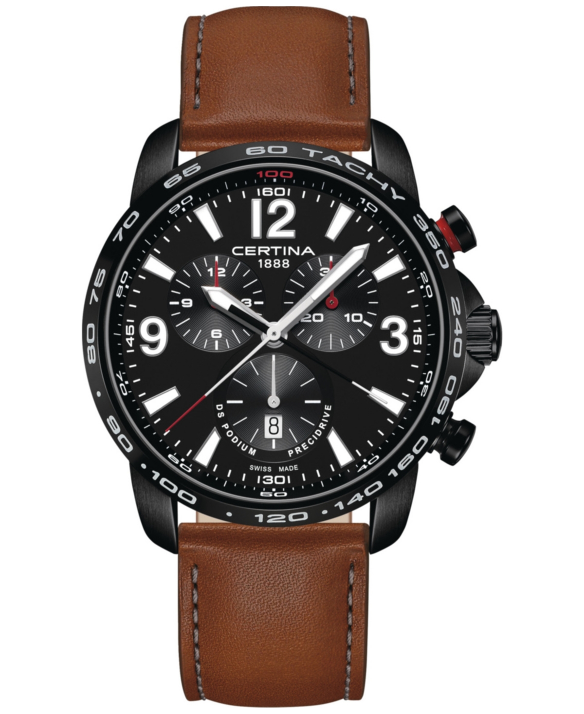 Certina Men's Swiss Chronograph Ds Podium Brown Leather Strap Watch 44mm In Black