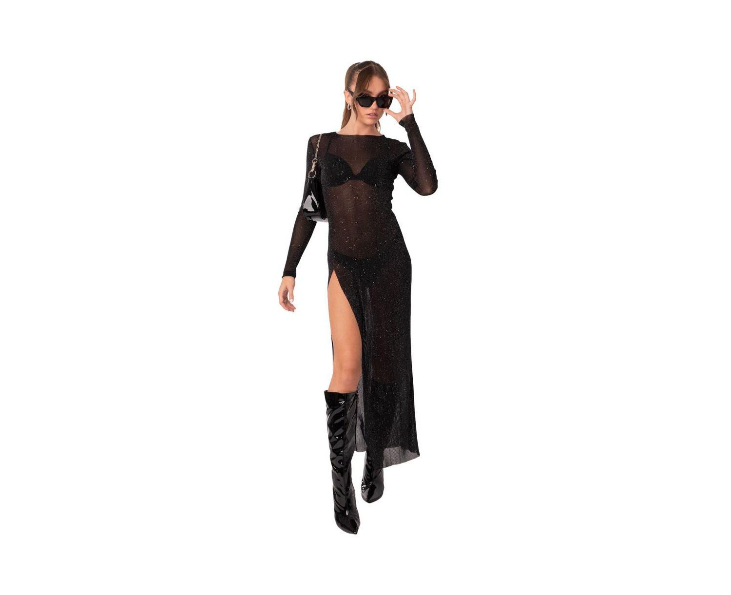 Women's Shiny Mesh Maxi Slit Dress