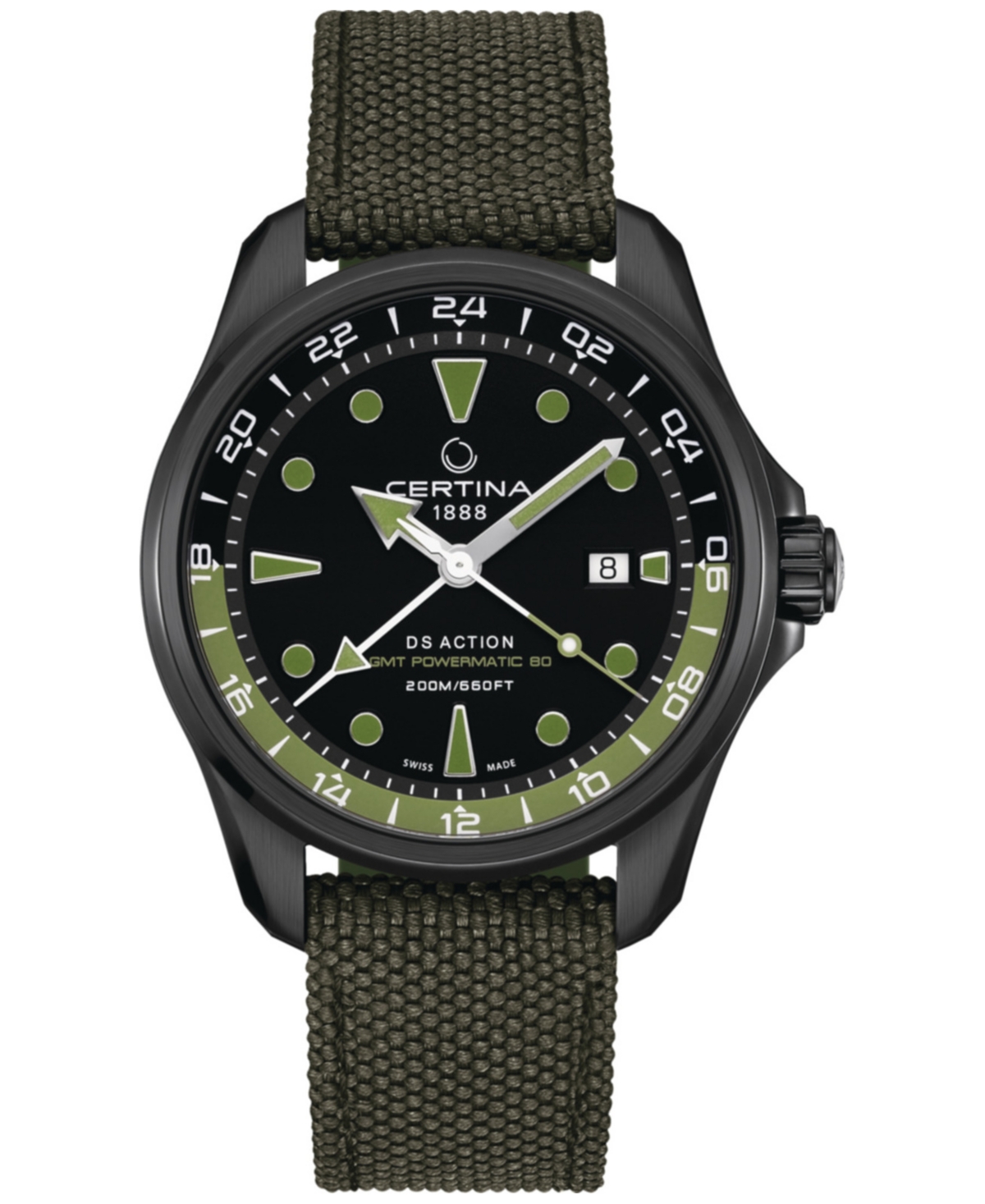 Shop Certina Men's Swiss Automatic Ds Action Gmt Green Synthetic Strap Watch 43mm In Black