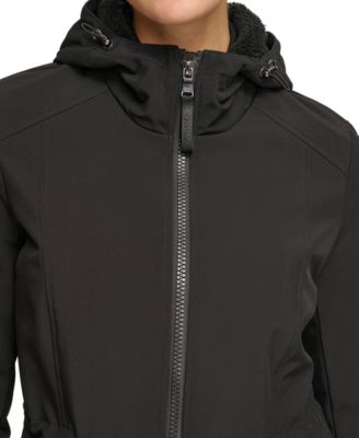 Womens Petite Hooded Faux-Fur-Lined Anorak Raincoat