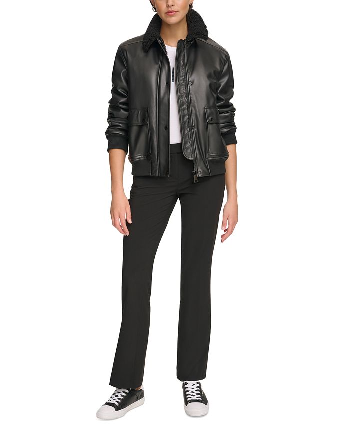 Calvin Klein Women's Faux-Fur-Collar Faux-Leather Bomber Coat - Macy's