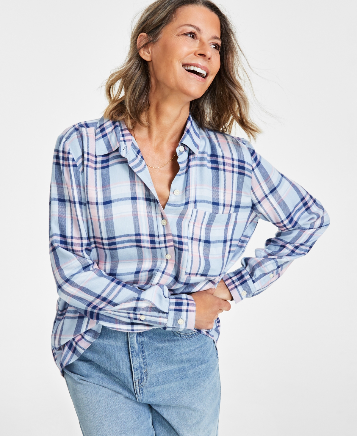 Style & Co Petite Plaid Printed Perfect Shirt, Created For Macy's In Plaid Blue
