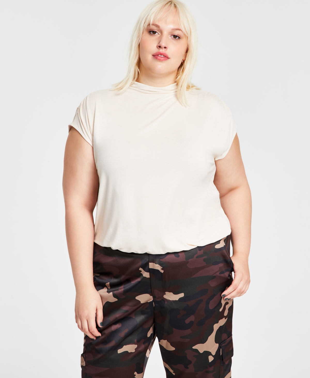 Bar Iii Trendy Plus Size Short-sleeve Blouson Tee, Created For Macy's In Brazilian Sand