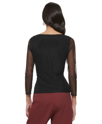 DKNY Women's Mesh Long-Sleeve Faux-Wrap Top
