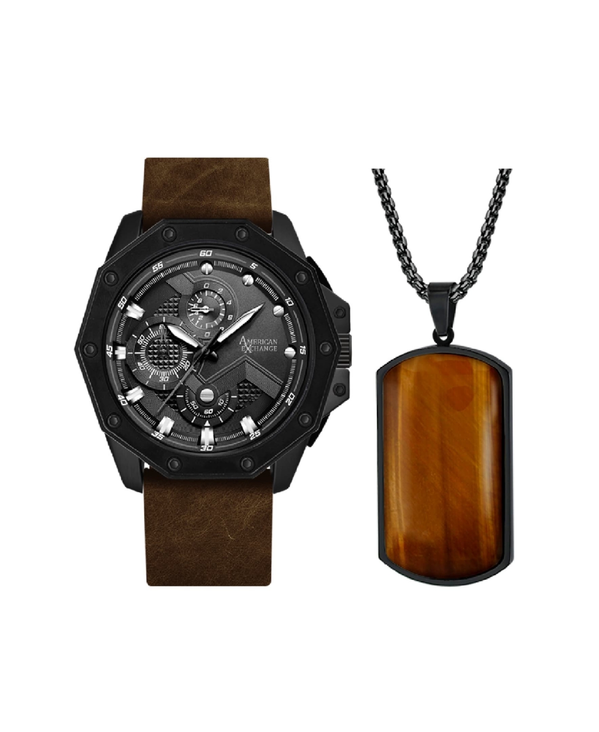 Men's Analog, Three-Hand Quartz Matte Brown Leather Strap Watch 48mm Gift Set - Brown
