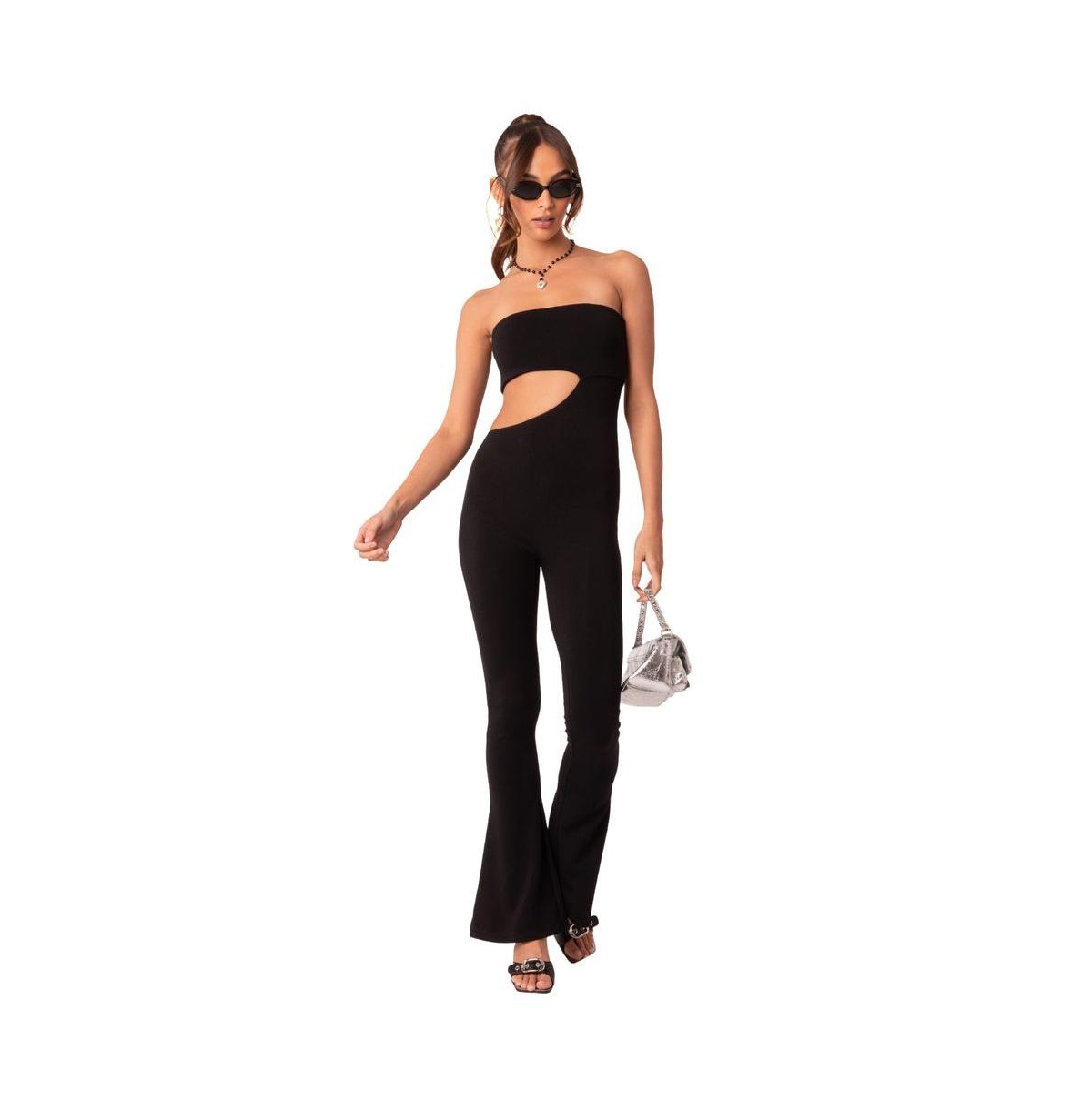 EDIKTED WOMEN'S STRAPLESS FLARE JUMPSUIT WITH WAIST CUT OUT