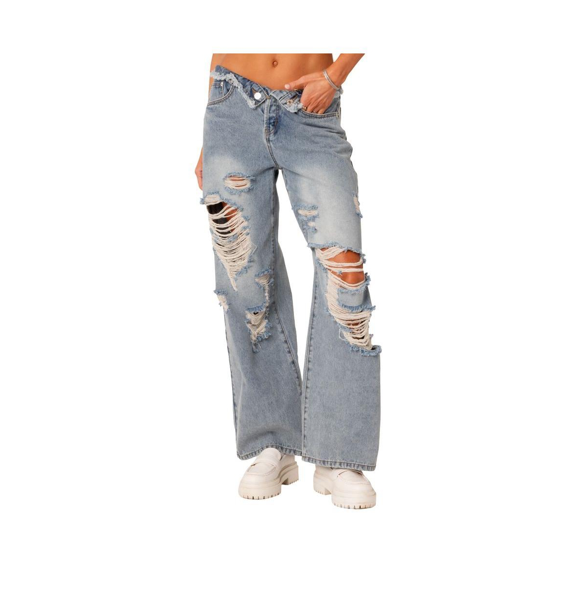 Women's Foldover Waist Jeans With Row Hem And Distressed Details - Light blue