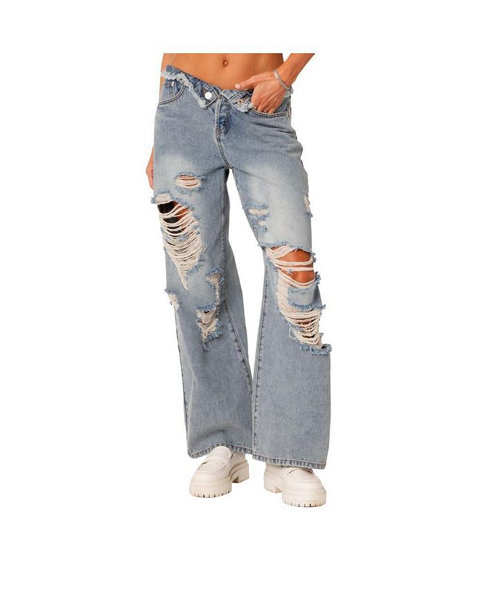 Edikted Women's Foldover Waist Jeans With Row Hem And Distressed ...