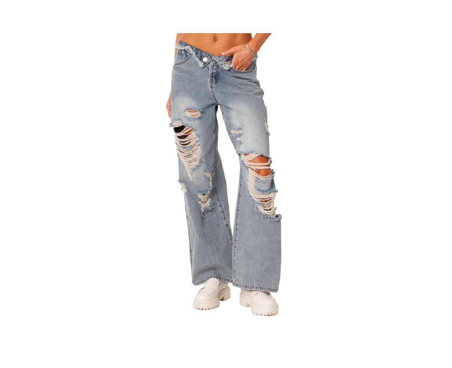 Women's Foldover Waist Jeans With Row Hem And Distressed Details